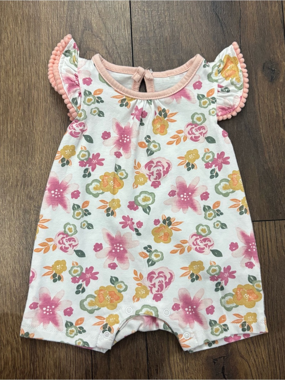 Chick Pea Floral Romper with Flutter Sleeves and Pom Pom Trim, Size 0-3 months